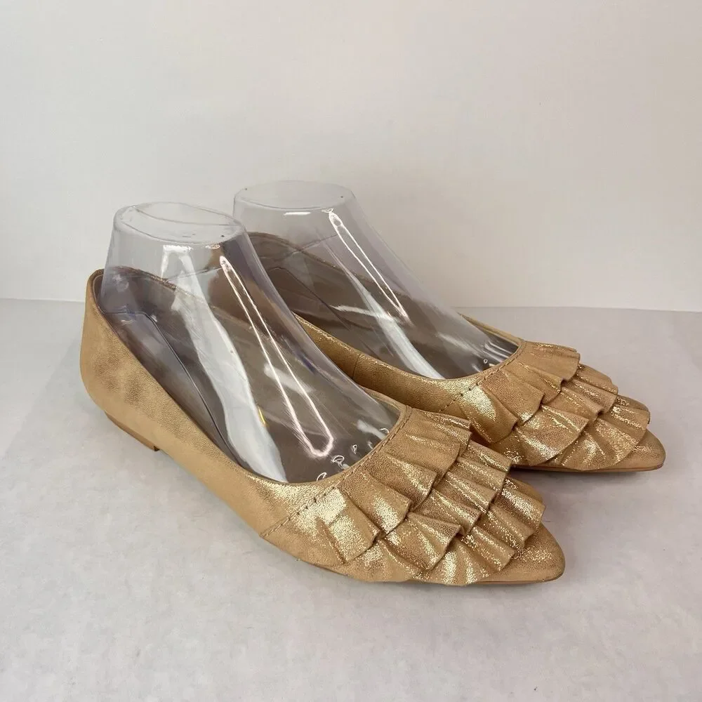 Seychelle Cottagecore Flats size 9 Downstage Gold Ruffle Tiered Shimmer Slip On